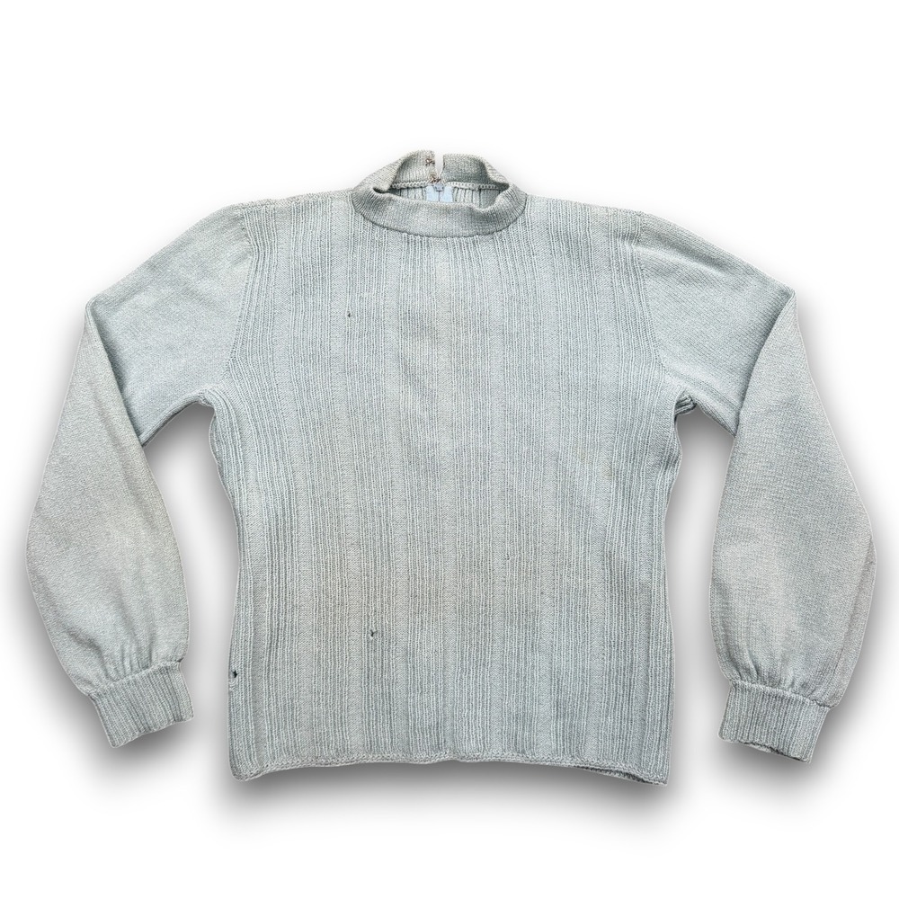 St John Knits Sweater Womens M Blue Vintage Mock Neck Ribbed Zip Back Classic